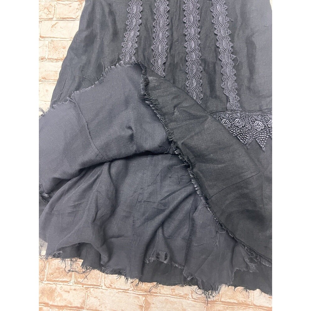 TRACEY FEITH Dress L black Cap Sleeve Lace Goth Witchy Linen Raw‎ Hem - Picture 4 of 8